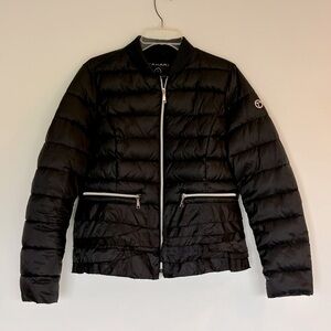 Black puffy quilted jacket, Tahari Large, with ruffles